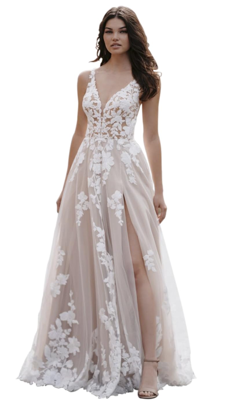Champagne Boho Lace V-Neck Bridal Gown 2023