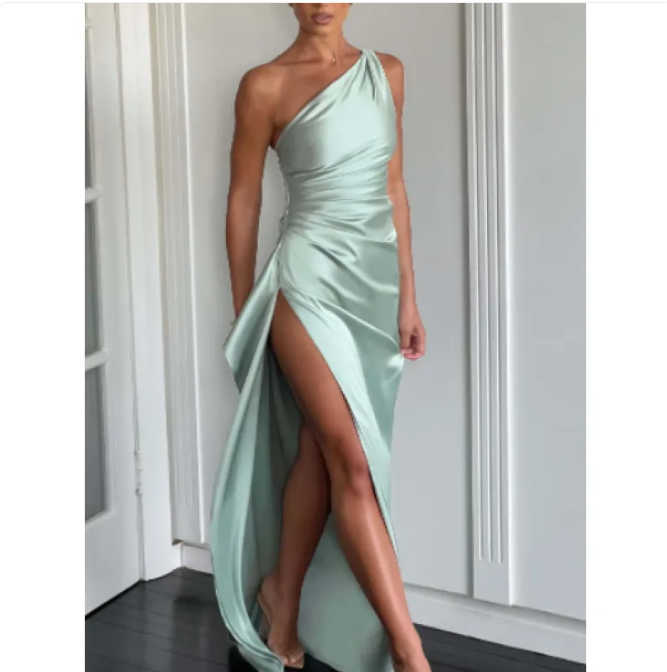 Satin Single-Strap Slit Gown