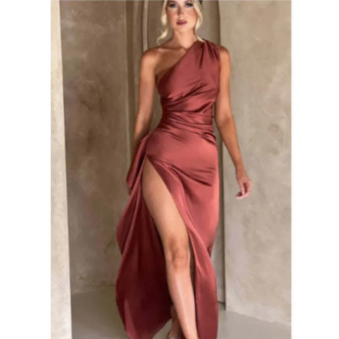 Satin Single-Strap Slit Gown