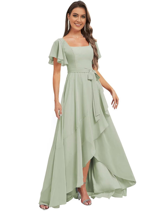 Monvelli Sage Green Asymmetrical Bridesmaid Dress