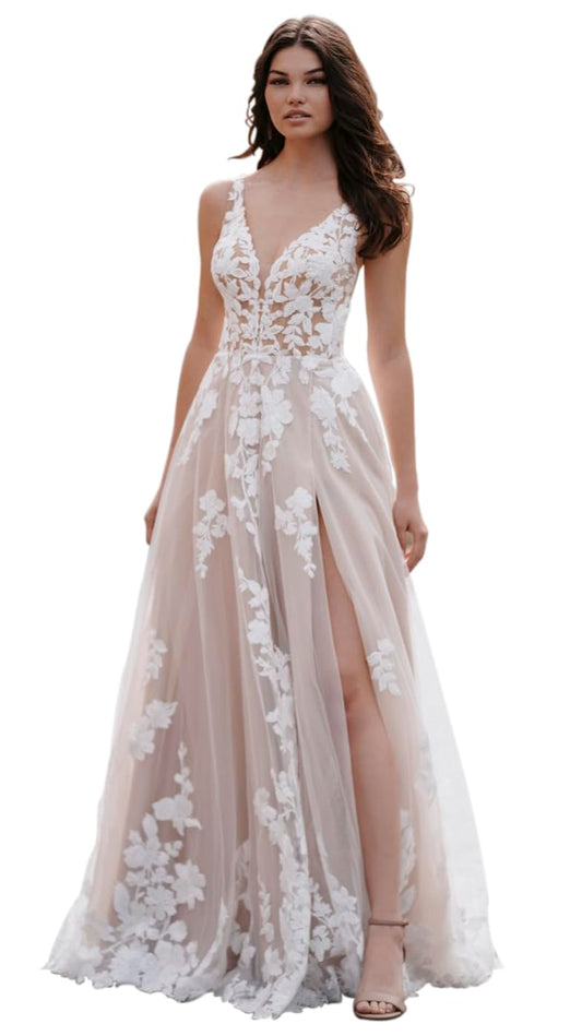 Champagne Boho Lace V-Neck Bridal Gown 2023