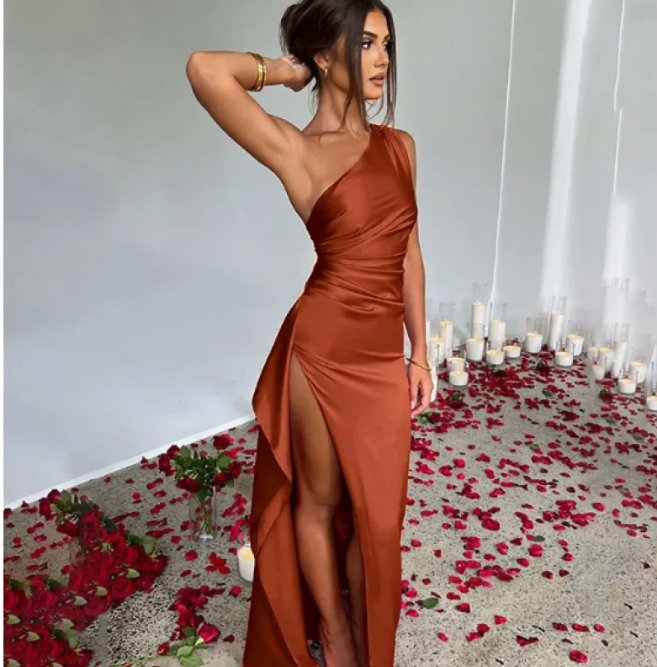 Satin Single-Strap Slit Gown