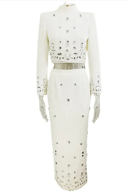 Elegant Rhinestone Long Skirt Set