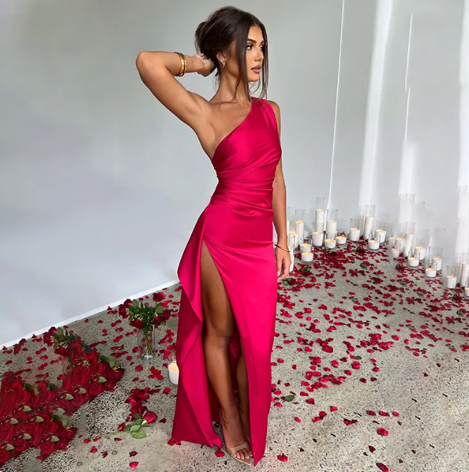 Satin Single-Strap Slit Gown
