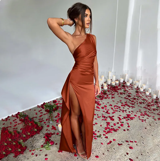 Satin Single-Strap Slit Gown