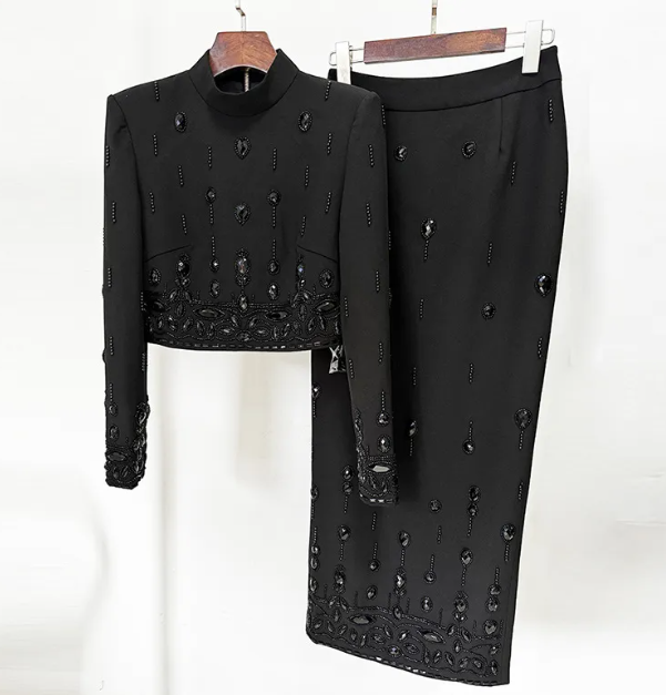 Elegant Rhinestone Long Skirt Set