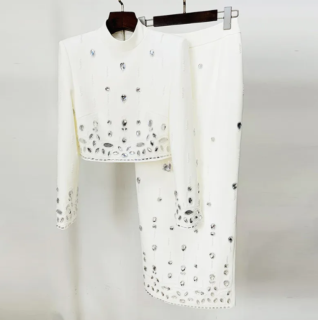 Elegant Rhinestone Long Skirt Set