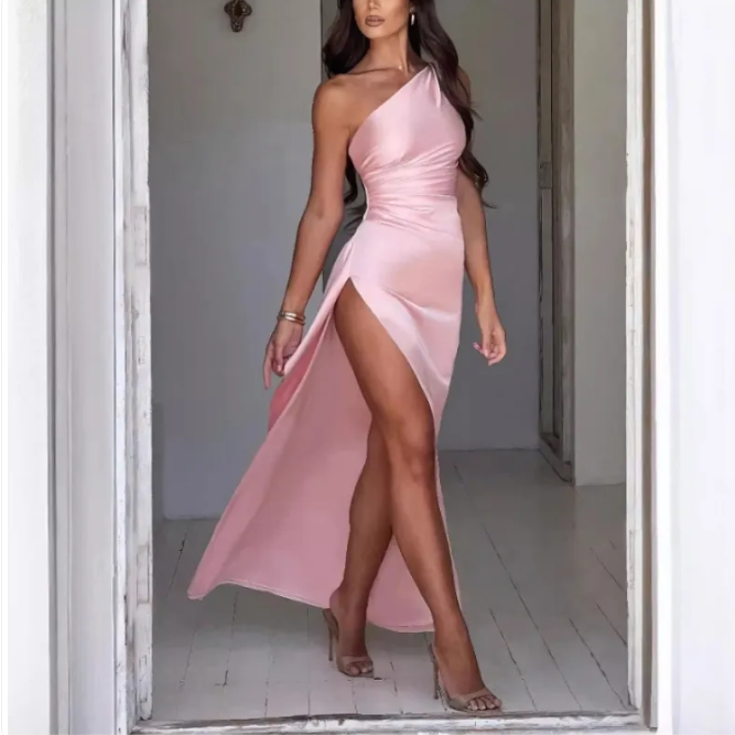 Satin Single-Strap Slit Gown