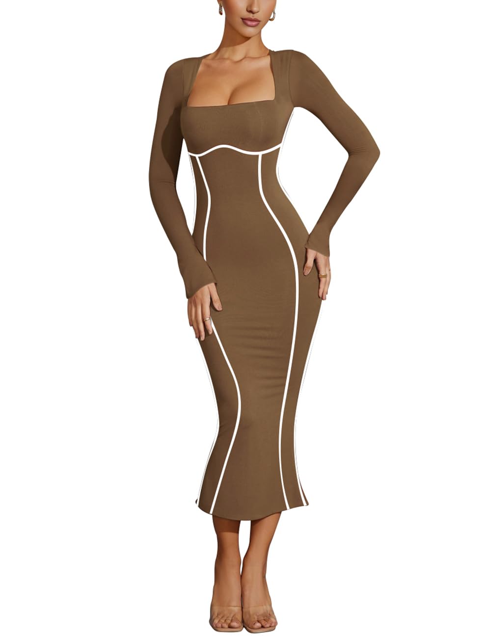 Lrady Elegant Square Neck Bodycon Midi Dress